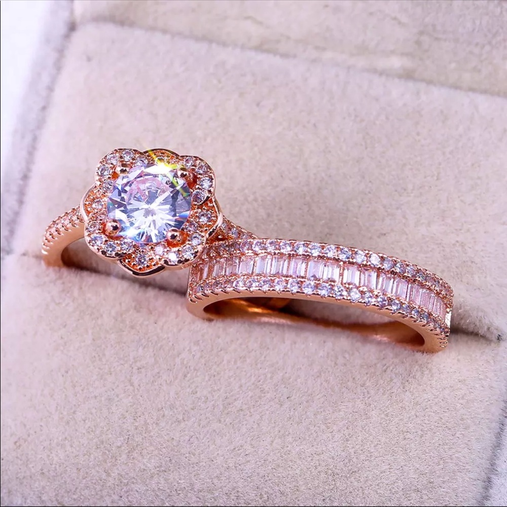 New Rose Gold Romantic 2PC Set Flower Ring - Picture 5 of 6